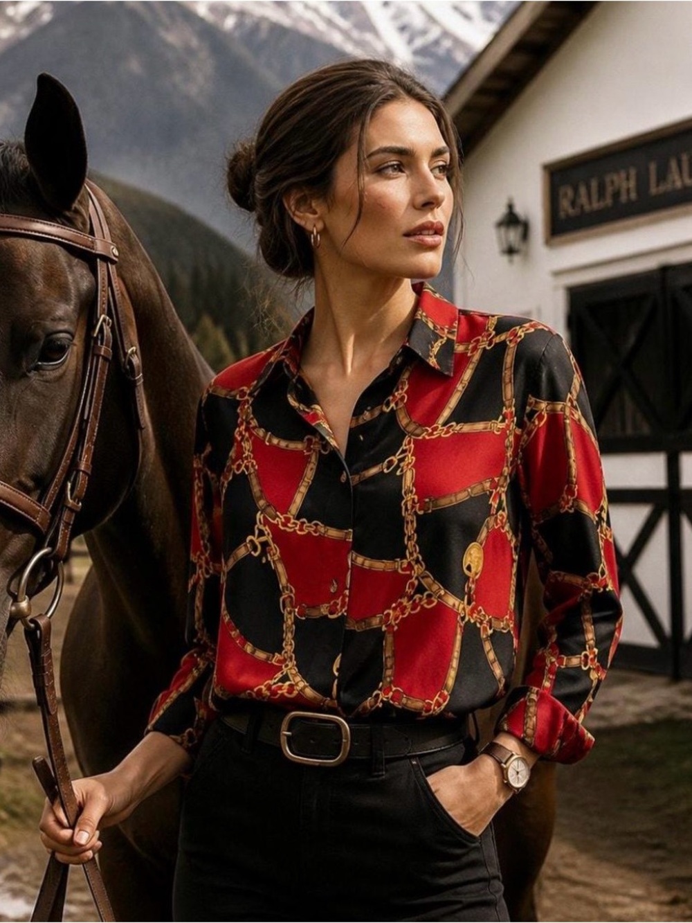 Lauren Ralph Lauren Red, Black and Gold Chain-Print Button Front Blouse